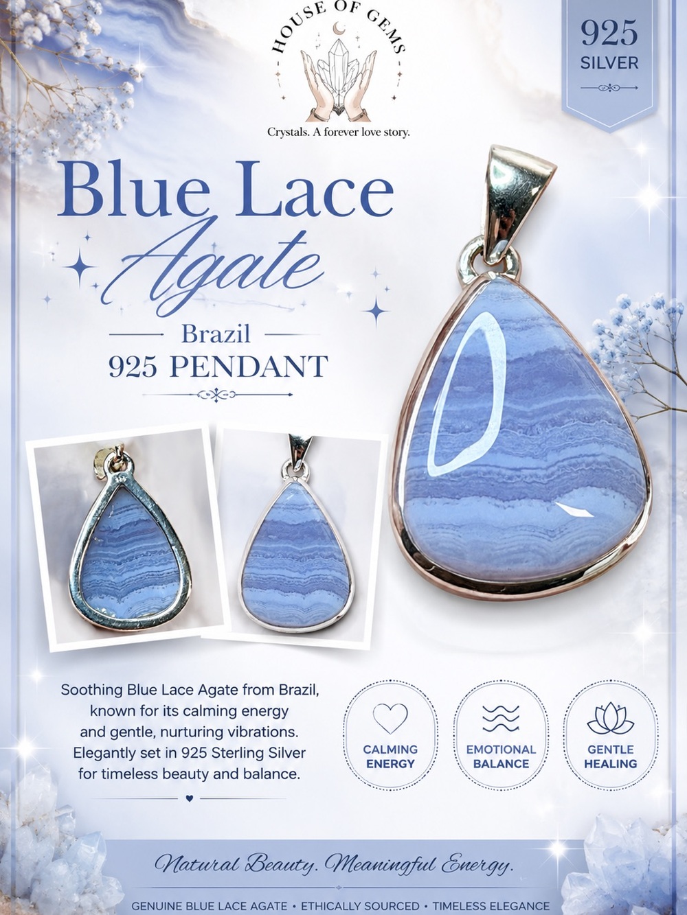 Blue Lace Agate Teardrop Pendant - 925 Sterling